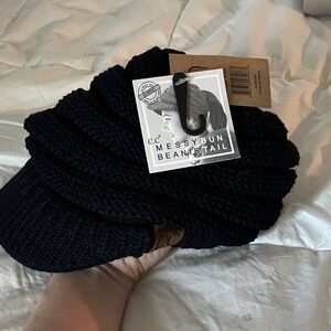 C.C Black Knit Messy Bun Beanie